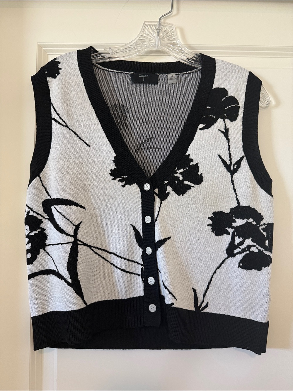Tahari Black and Cream Floral V-Neck Button Front Vest